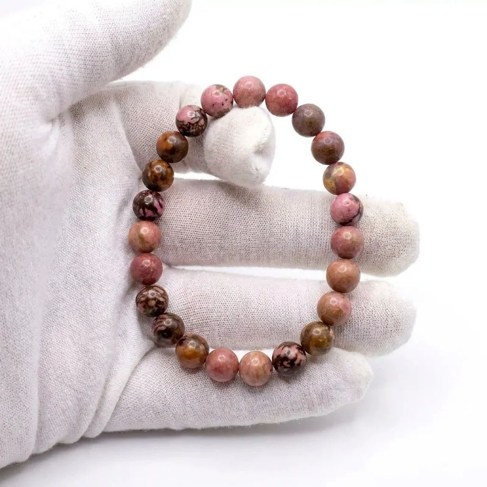 Rhodonite Bead Bracelet Pink Black Stretch Elastic Handmade